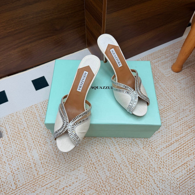AQUAZZURA 26S HEELED SANDALS 75 MM IN WHITE RAFFIA TEXTURE