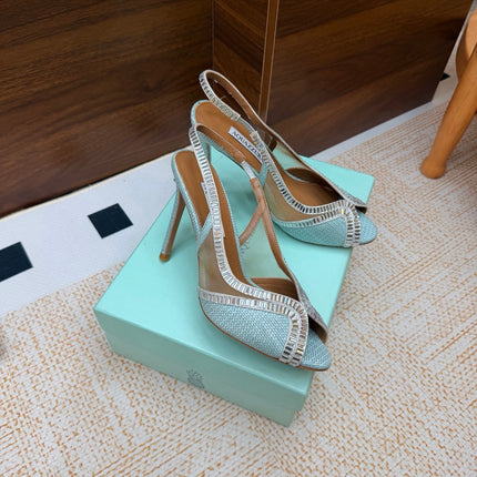 AQUAZZURA 26S HEELED SLINGBACK SANDALS 100 MM IN LIGHT BLUE RAFFIA TEXTURE