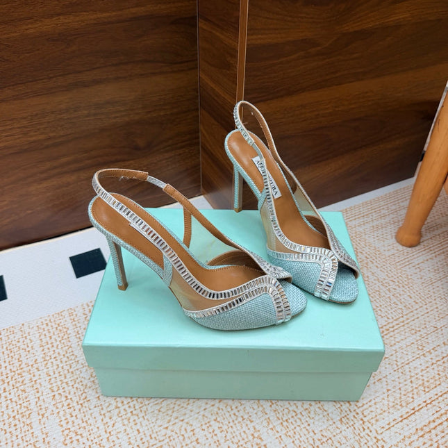 AQUAZZURA 26S HEELED SLINGBACK SANDALS 100 MM IN LIGHT BLUE RAFFIA TEXTURE