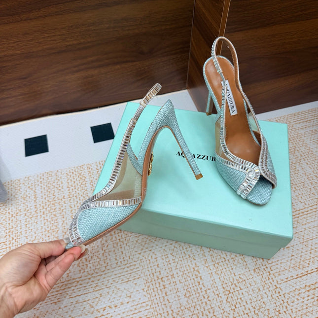 AQUAZZURA 26S HEELED SLINGBACK SANDALS 100 MM IN LIGHT BLUE RAFFIA TEXTURE