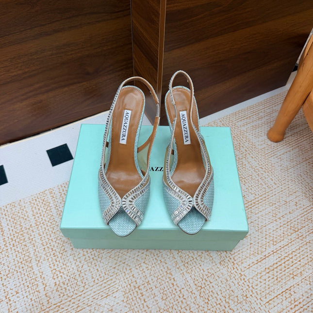 AQUAZZURA 26S HEELED SLINGBACK SANDALS 100 MM IN LIGHT BLUE RAFFIA TEXTURE