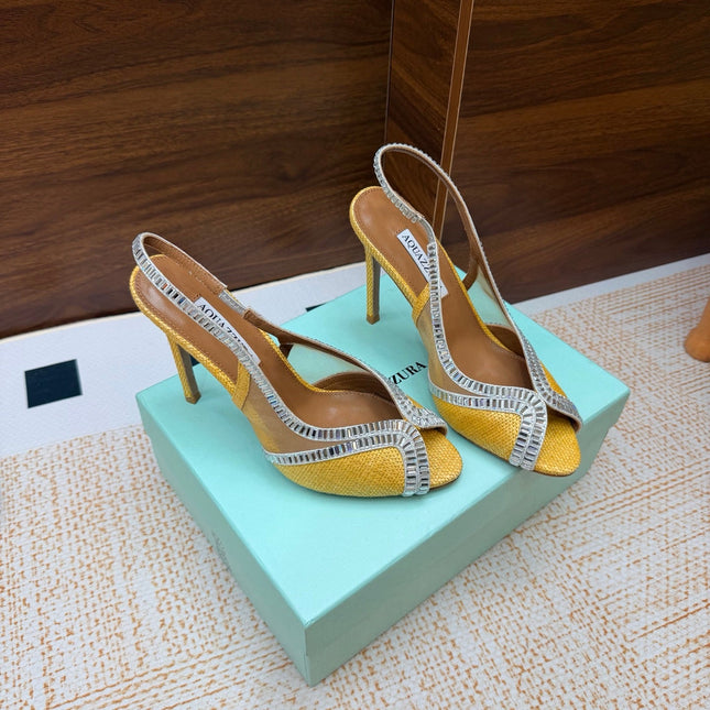 AQUAZZURA 26S HEELED SLINGBACK SANDALS 100 MM IN YELLOW RAFFIA TEXTURE