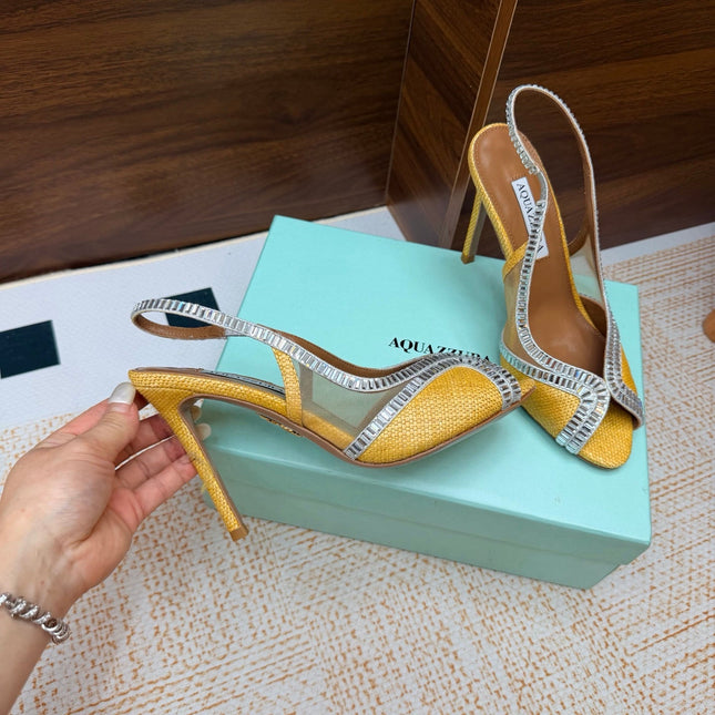 AQUAZZURA 26S HEELED SLINGBACK SANDALS 100 MM IN YELLOW RAFFIA TEXTURE