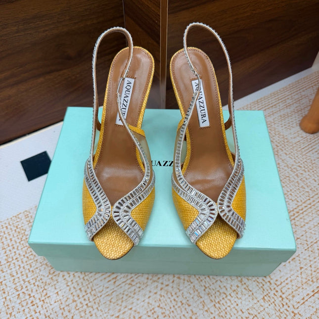 AQUAZZURA 26S HEELED SLINGBACK SANDALS 100 MM IN YELLOW RAFFIA TEXTURE