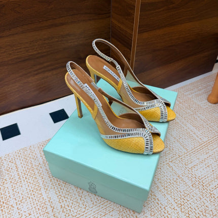 AQUAZZURA 26S HEELED SLINGBACK SANDALS 100 MM IN YELLOW RAFFIA TEXTURE