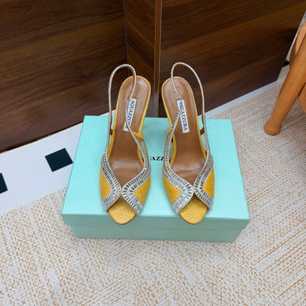 AQUAZZURA 26S HEELED SLINGBACK SANDALS 100 MM IN YELLOW RAFFIA TEXTURE