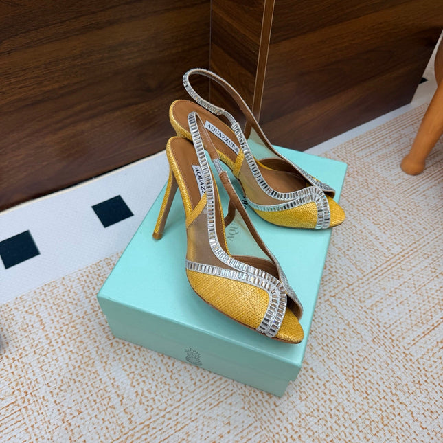 AQUAZZURA 26S HEELED SLINGBACK SANDALS 100 MM IN YELLOW RAFFIA TEXTURE