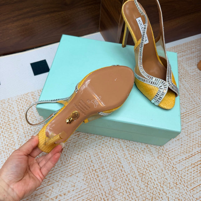 AQUAZZURA 26S HEELED SLINGBACK SANDALS 100 MM IN YELLOW RAFFIA TEXTURE