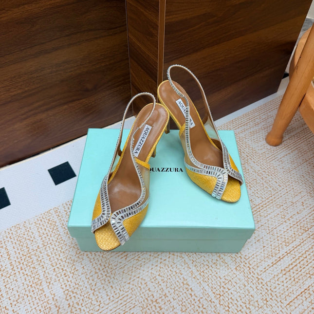 AQUAZZURA 26S HEELED SLINGBACK SANDALS 100 MM IN YELLOW RAFFIA TEXTURE