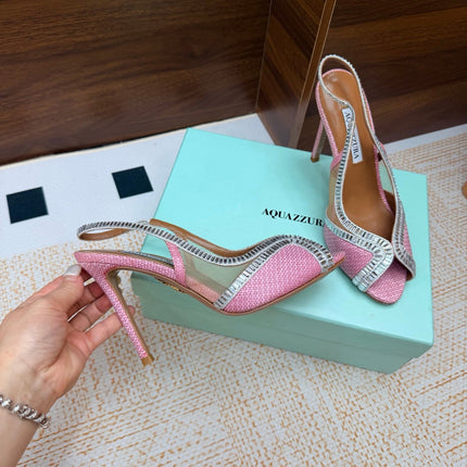 AQUAZZURA 26S HEELED SLINGBACK SANDALS 100 MM IN PINK RAFFIA TEXTURE