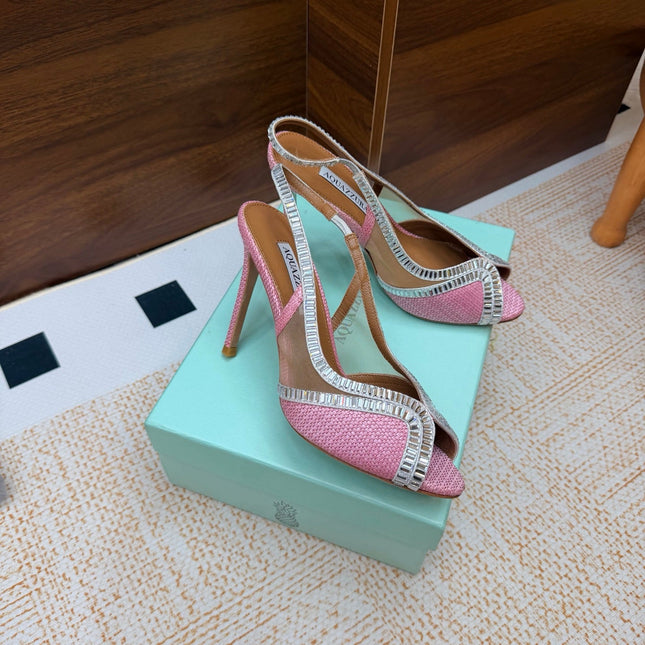 AQUAZZURA 26S HEELED SLINGBACK SANDALS 100 MM IN PINK RAFFIA TEXTURE