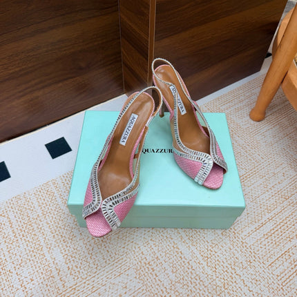 AQUAZZURA 26S HEELED SLINGBACK SANDALS 100 MM IN PINK RAFFIA TEXTURE
