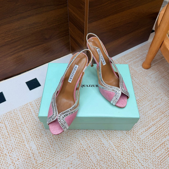 AQUAZZURA 26S HEELED SLINGBACK SANDALS 100 MM IN PINK RAFFIA TEXTURE