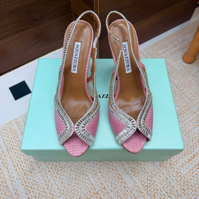 AQUAZZURA 26S HEELED SLINGBACK SANDALS 100 MM IN PINK RAFFIA TEXTURE