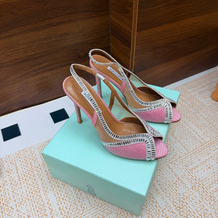 AQUAZZURA 26S HEELED SLINGBACK SANDALS 100 MM IN PINK RAFFIA TEXTURE