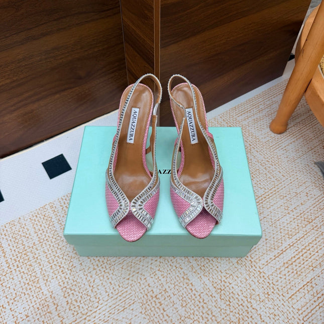 AQUAZZURA 26S HEELED SLINGBACK SANDALS 100 MM IN PINK RAFFIA TEXTURE