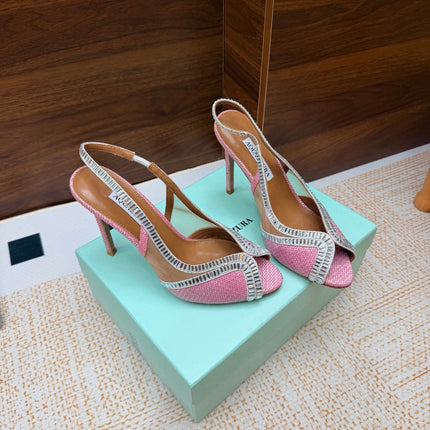 AQUAZZURA 26S HEELED SLINGBACK SANDALS 100 MM IN PINK RAFFIA TEXTURE