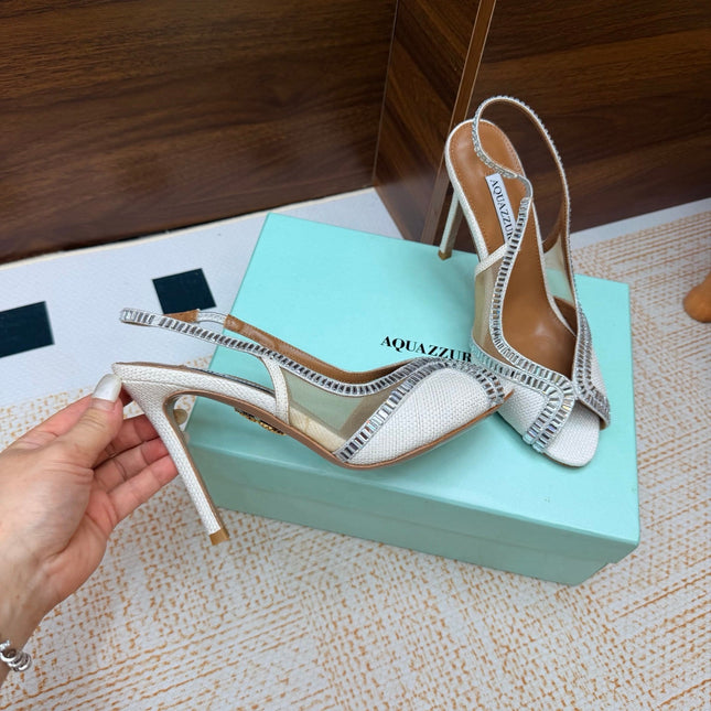 AQUAZZURA 26S HEELED SLINGBACK SANDALS 100 MM IN WHITE RAFFIA TEXTURE