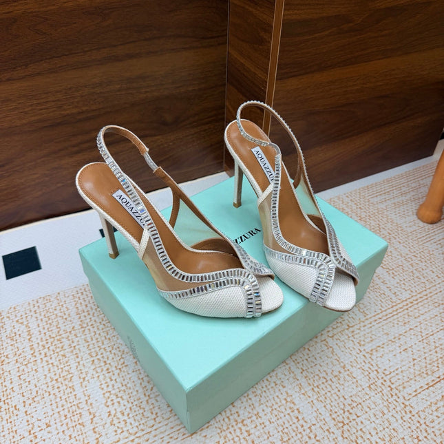 AQUAZZURA 26S HEELED SLINGBACK SANDALS 100 MM IN WHITE RAFFIA TEXTURE