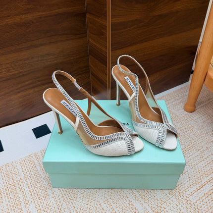 AQUAZZURA 26S HEELED SLINGBACK SANDALS 100 MM IN WHITE RAFFIA TEXTURE