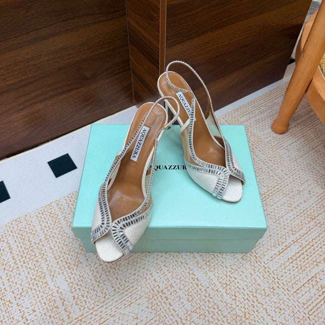 AQUAZZURA 26S HEELED SLINGBACK SANDALS 100 MM IN WHITE RAFFIA TEXTURE
