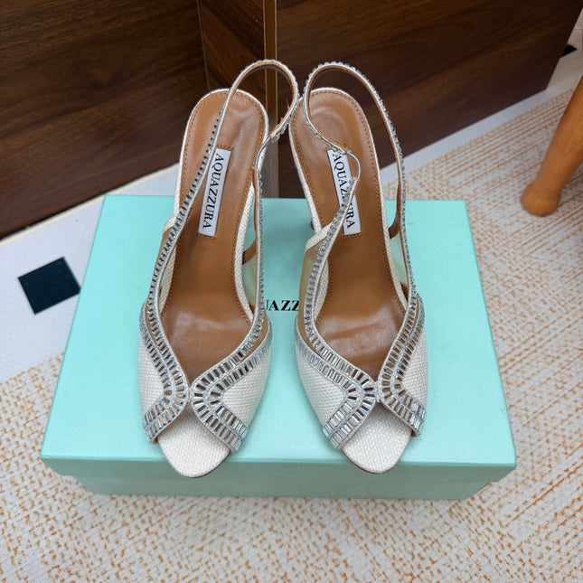 AQUAZZURA 26S HEELED SLINGBACK SANDALS 100 MM IN WHITE RAFFIA TEXTURE