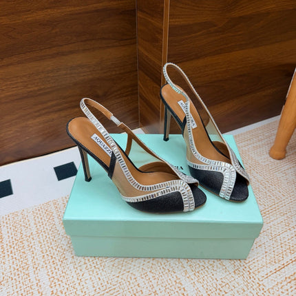AQUAZZURA 26S HEELED SLINGBACK SANDALS 100 MM IN BLACK RAFFIA TEXTURE