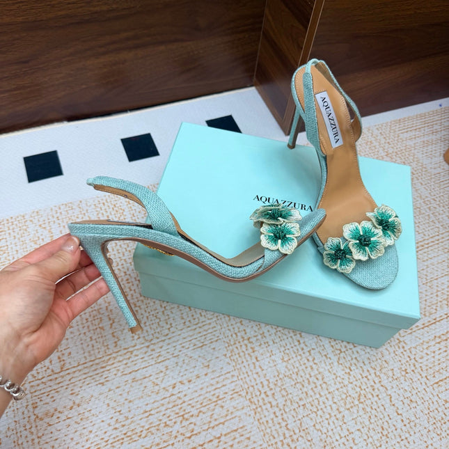 AQUAZZURA 26S HEELED SANDALS 100 MM IN MINT GREEN RAFFIA TEXTURE