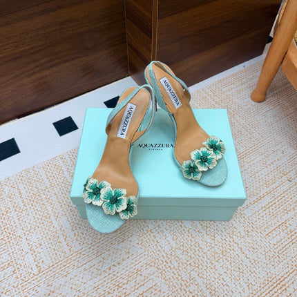 AQUAZZURA 26S HEELED SANDALS 100 MM IN MINT GREEN RAFFIA TEXTURE