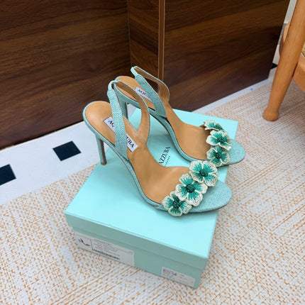 AQUAZZURA 26S HEELED SANDALS 100 MM IN MINT GREEN RAFFIA TEXTURE