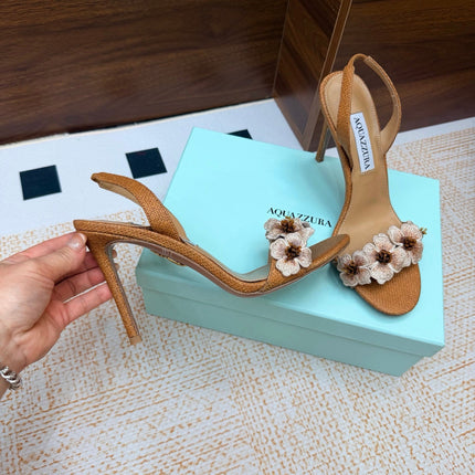 AQUAZZURA 26S HEELED SANDALS 100 MM IN BROWN RAFFIA TEXTURE