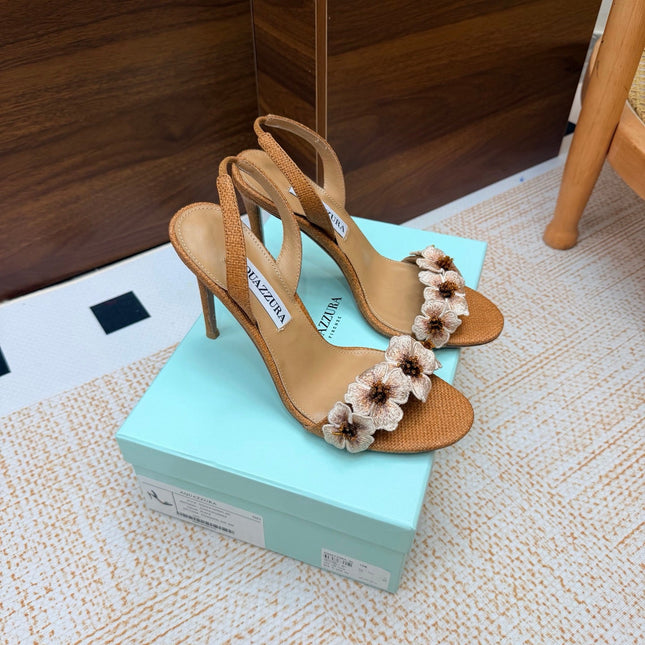 AQUAZZURA 26S HEELED SANDALS 100 MM IN BROWN RAFFIA TEXTURE