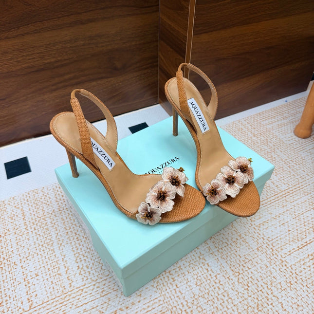 AQUAZZURA 26S HEELED SANDALS 100 MM IN BROWN RAFFIA TEXTURE