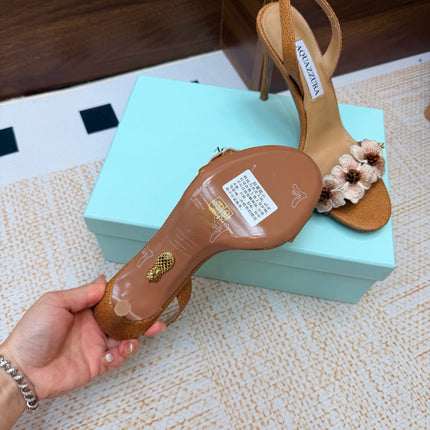 AQUAZZURA 26S HEELED SANDALS 100 MM IN BROWN RAFFIA TEXTURE