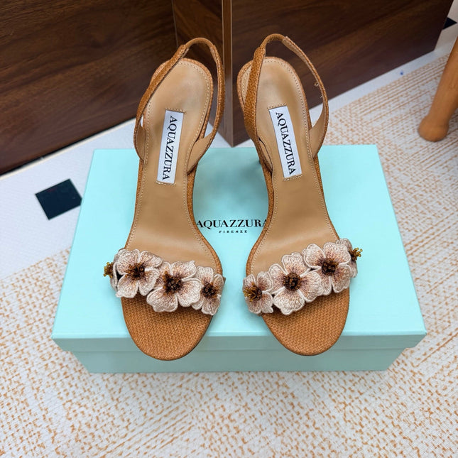 AQUAZZURA 26S HEELED SANDALS 100 MM IN BROWN RAFFIA TEXTURE