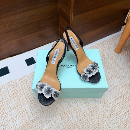 AQUAZZURA 26S HEELED SANDALS 100 MM IN BLACK RAFFIA TEXTURE