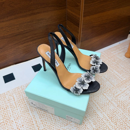 AQUAZZURA 26S HEELED SANDALS 100 MM IN BLACK RAFFIA TEXTURE