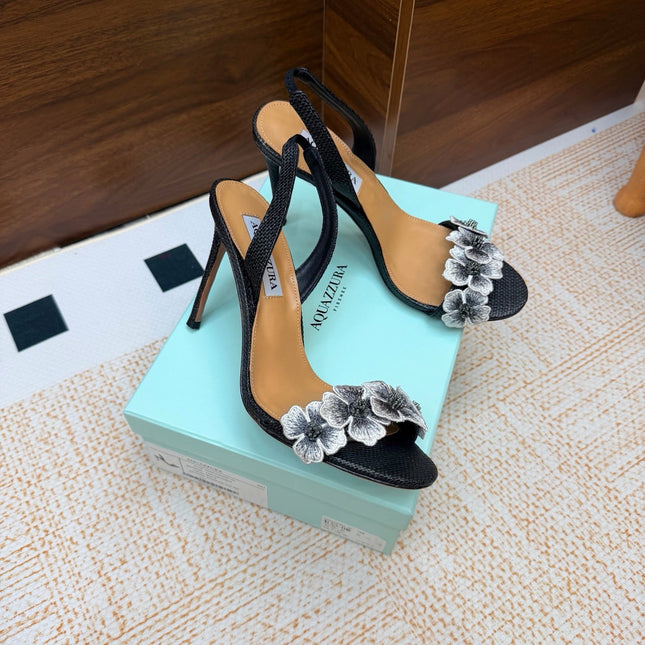 AQUAZZURA 26S HEELED SANDALS 100 MM IN BLACK RAFFIA TEXTURE