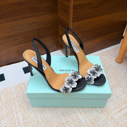 AQUAZZURA 26S HEELED SANDALS 100 MM IN BLACK RAFFIA TEXTURE