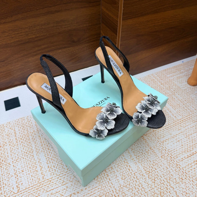 AQUAZZURA 26S HEELED SANDALS 100 MM IN BLACK RAFFIA TEXTURE