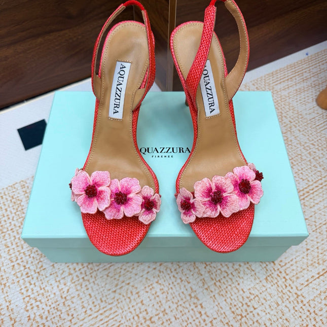 AQUAZZURA 26S HEELED SANDALS 100 MM IN CORAL RED RAFFIA TEXTURE