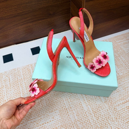 AQUAZZURA 26S HEELED SANDALS 100 MM IN CORAL RED RAFFIA TEXTURE