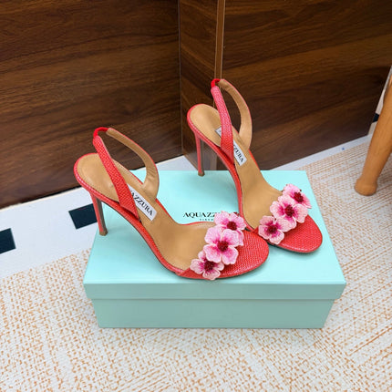 AQUAZZURA 26S HEELED SANDALS 100 MM IN CORAL RED RAFFIA TEXTURE