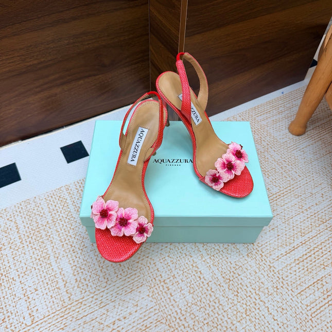 AQUAZZURA 26S HEELED SANDALS 100 MM IN CORAL RED RAFFIA TEXTURE