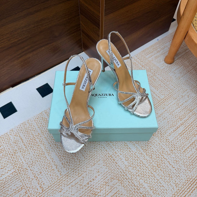 AQUAZZURA 26S CRYSTAL SANDALS 100 MM IN SILVER CALFSKIN