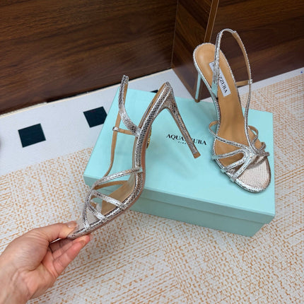 AQUAZZURA 26S CRYSTAL SANDALS 100 MM IN SILVER CALFSKIN