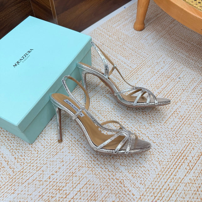 AQUAZZURA 26S CRYSTAL SANDALS 100 MM IN SILVER CALFSKIN