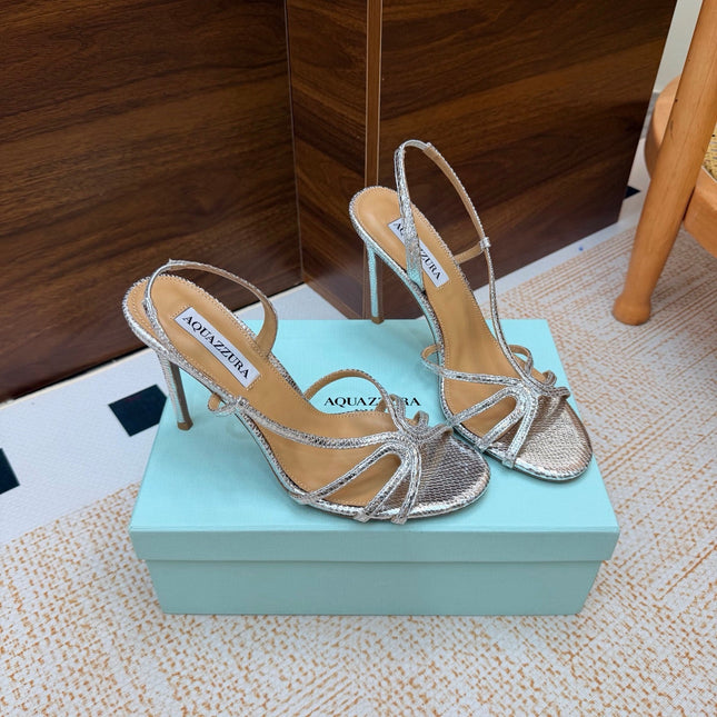 AQUAZZURA 26S CRYSTAL SANDALS 100 MM IN SILVER CALFSKIN
