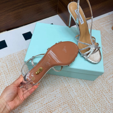 AQUAZZURA 26S CRYSTAL SANDALS 100 MM IN SILVER CALFSKIN