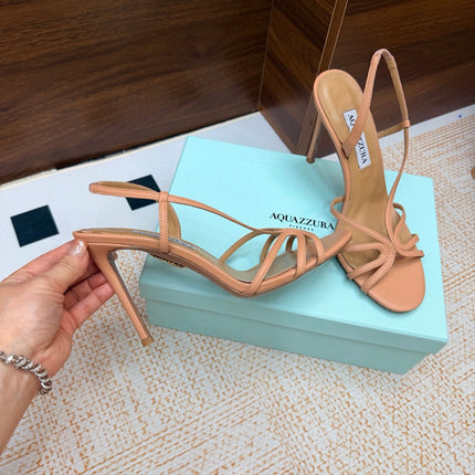 AQUAZZURA 26S CRYSTAL SANDALS 100 MM IN BEIGE CALFSKIN